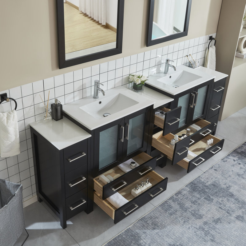 Wade Logan® Karson 96'' Double Bathroom Vanity with Ceramic Top with ...